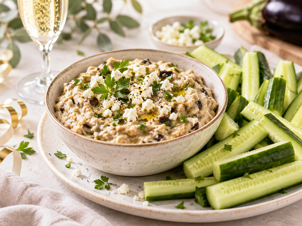 Auberginen-Feta-Dip mit Gurkensticks