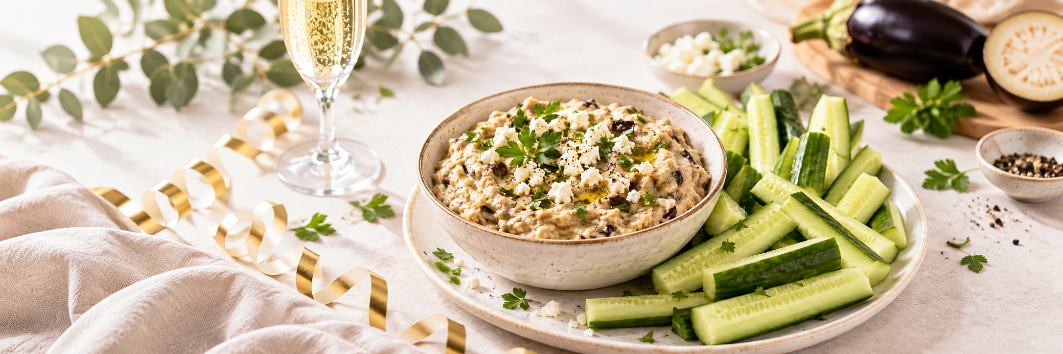 Auberginen-Feta-Dip mit Gurkensticks