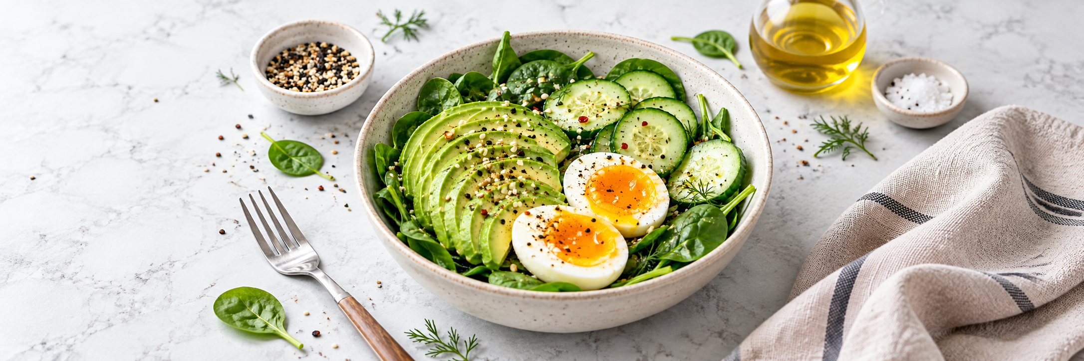 Avocado-Ei-Bowl mit Gurke und Spinat