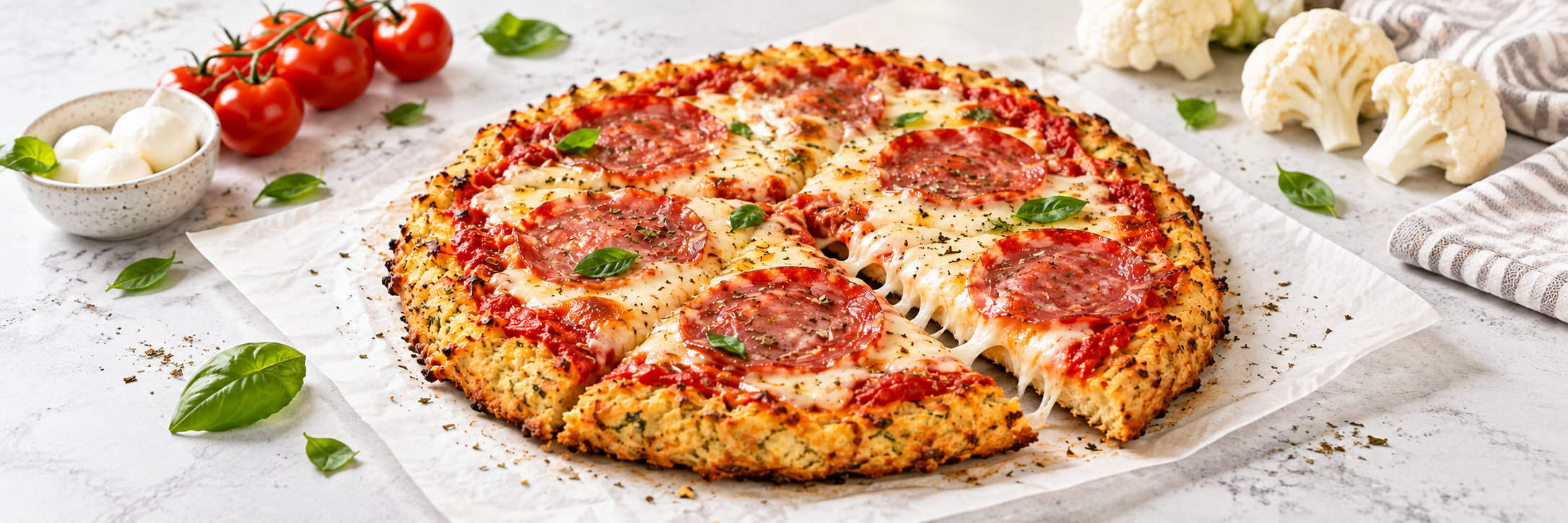 Blumenkohl-Pizza mit Mozzarella und Salami