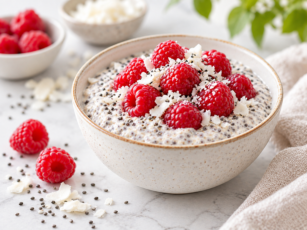Cremiges Chia-Kokos-Frühstück mit Himbeeren