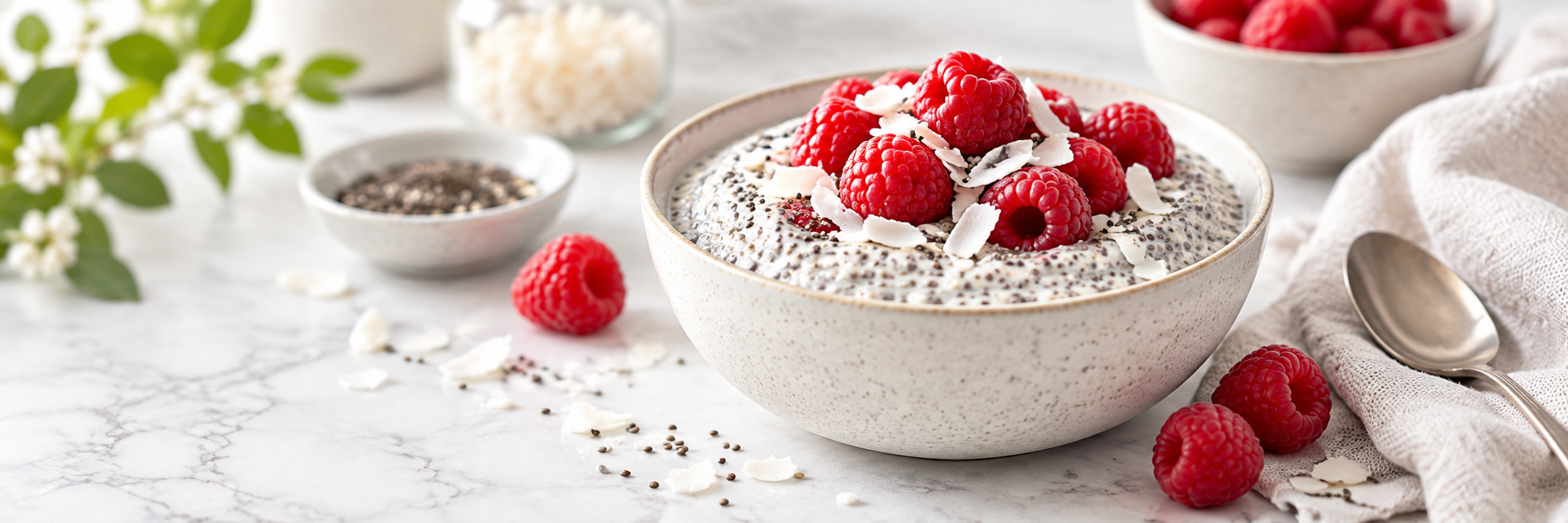 Cremiges Chia-Kokos-Frühstück mit Himbeeren