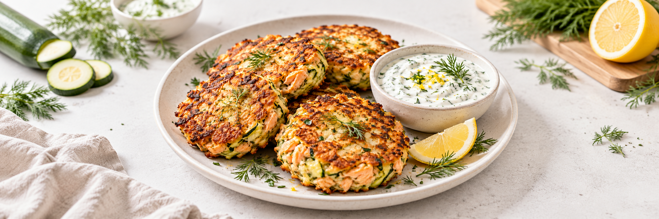 Lachs-Zucchini-Puffer mit Dilldip
