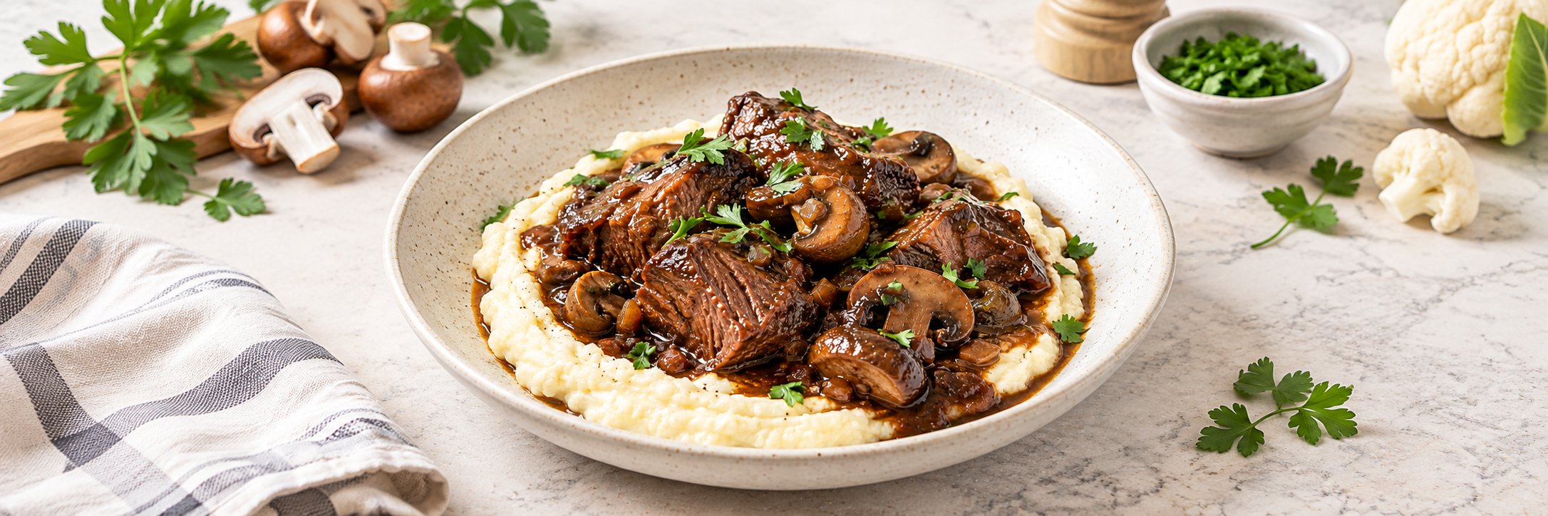 Rinderschmortopf mit Champignons und Blumenkohlpüree