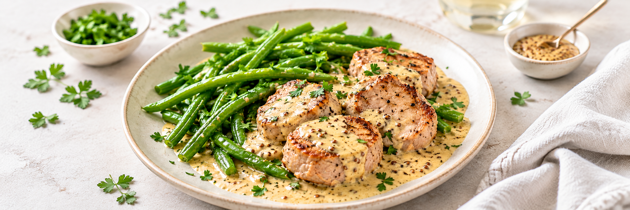 Schweinefilet mit Senfrahm und grünen Bohnen