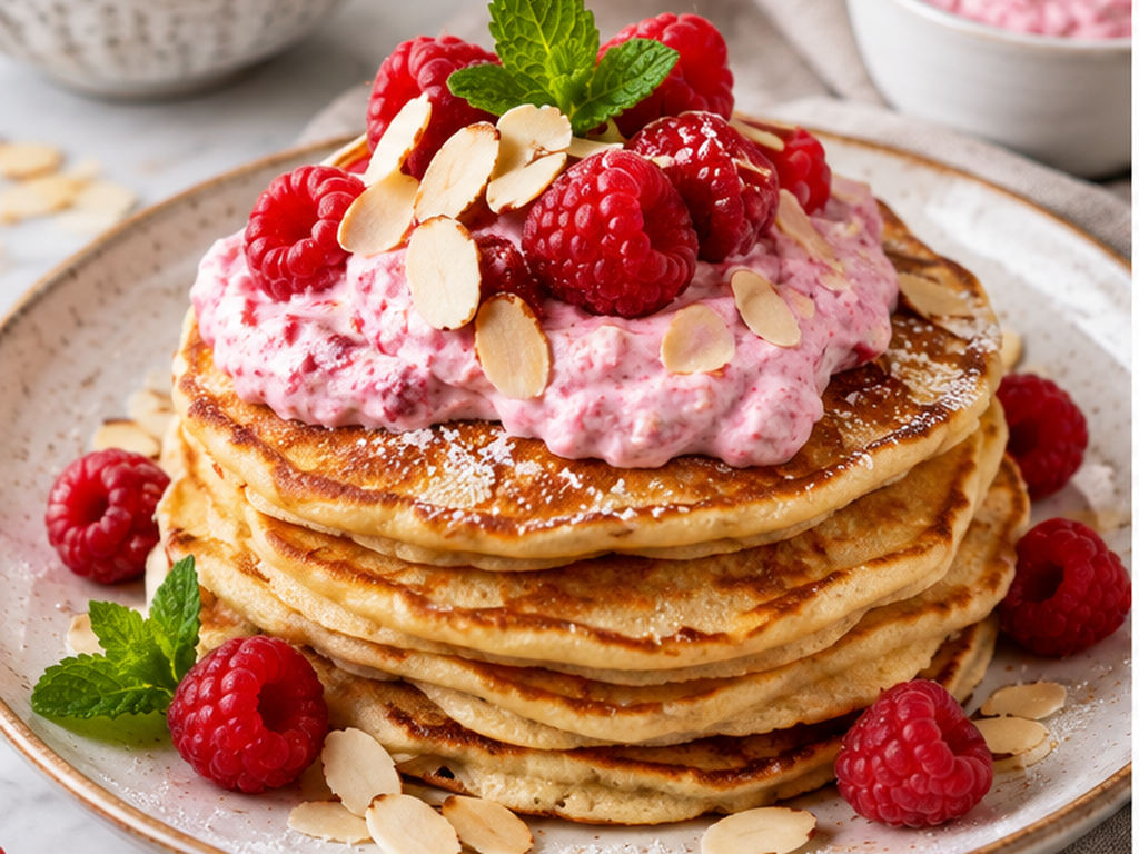 Mandel-Pfannkuchen mit Himbeer-Frischkäse